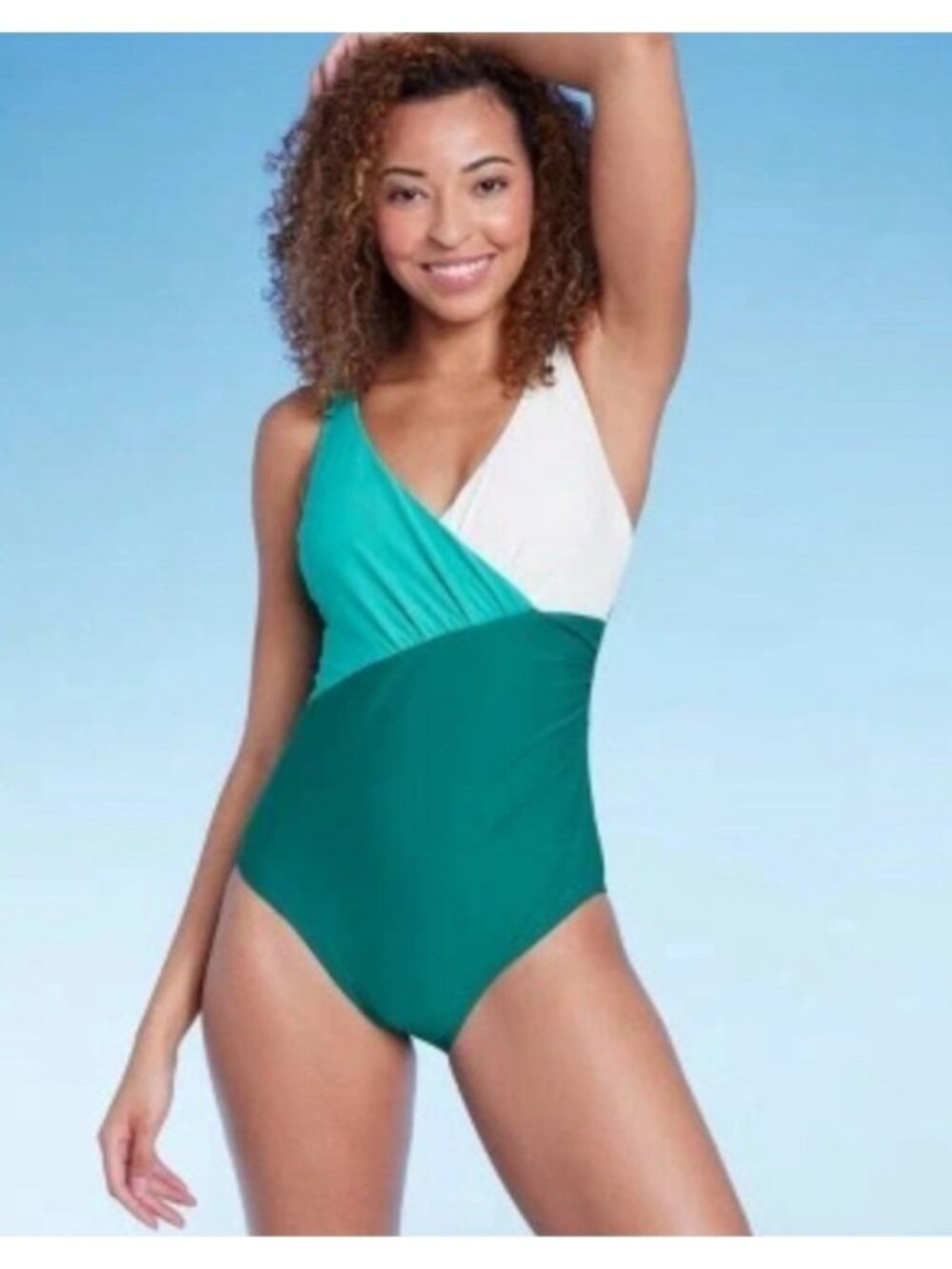 WOMEN’S FRONT WRAP COLORBLOCK ONE PIECE SWIMSUIT SHADE & SHORE TEAL GREEN S
